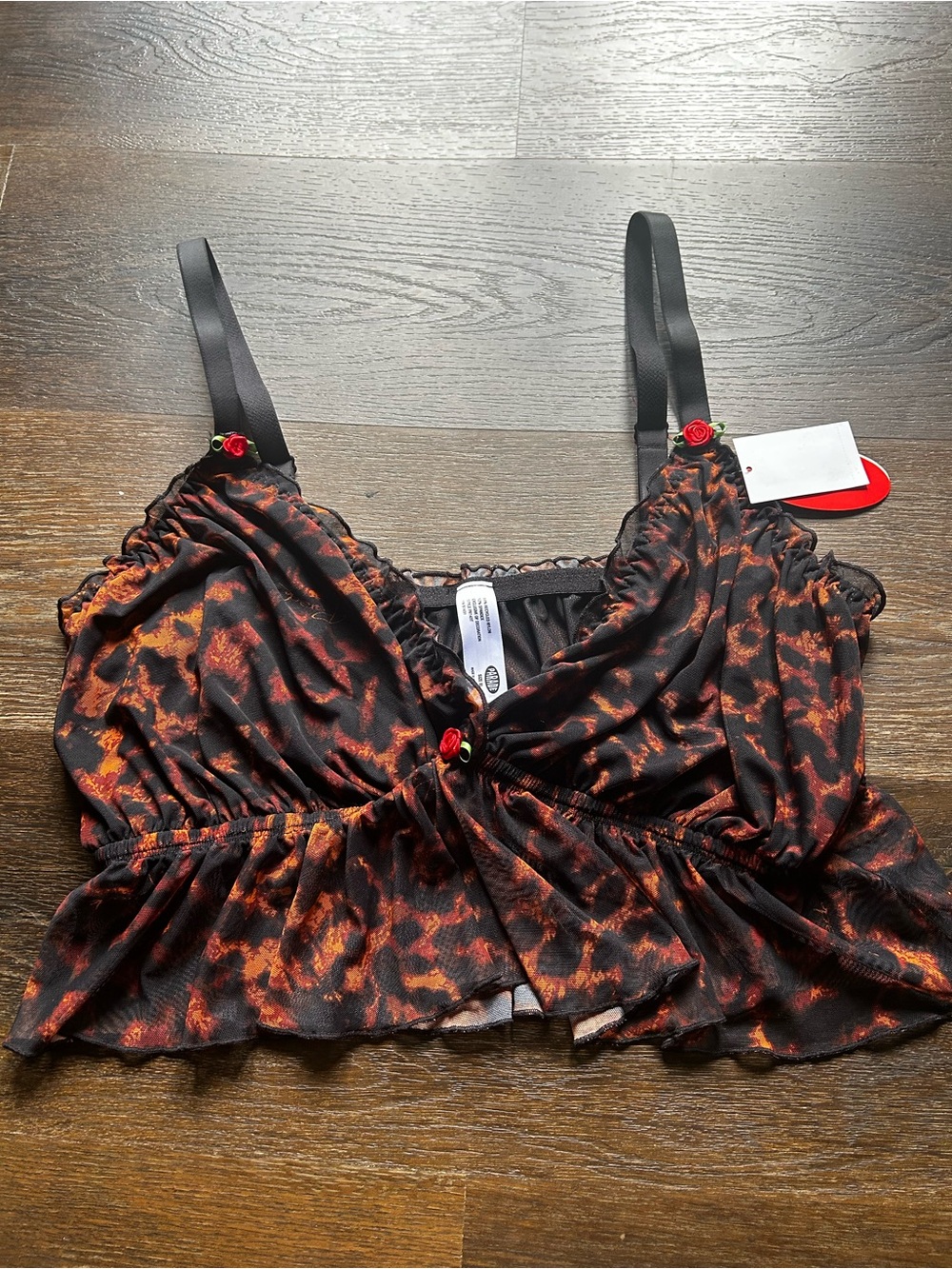 Women's Black & Burnt Orange Satin Bralette with Floral Accents